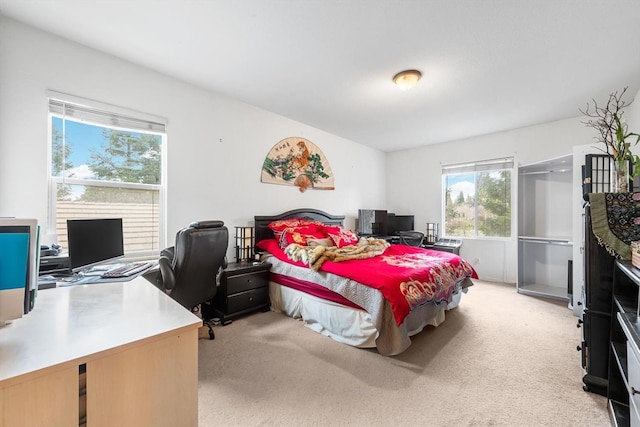 bedroom with light colored carpet