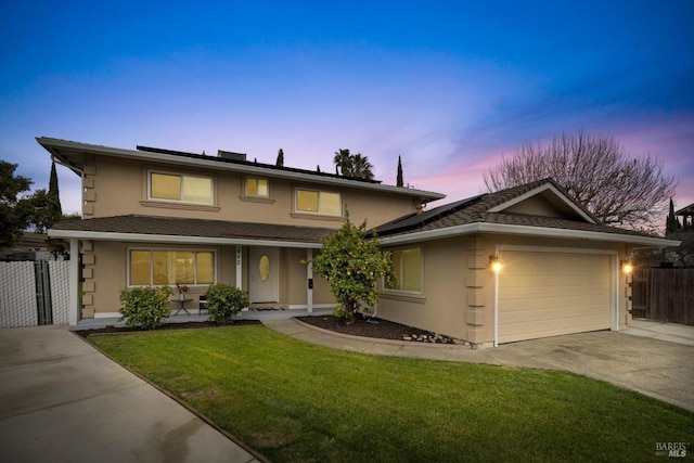 traditional-style house featuring a porch, a garage, fence, roof mounted solar panels, and stucco siding