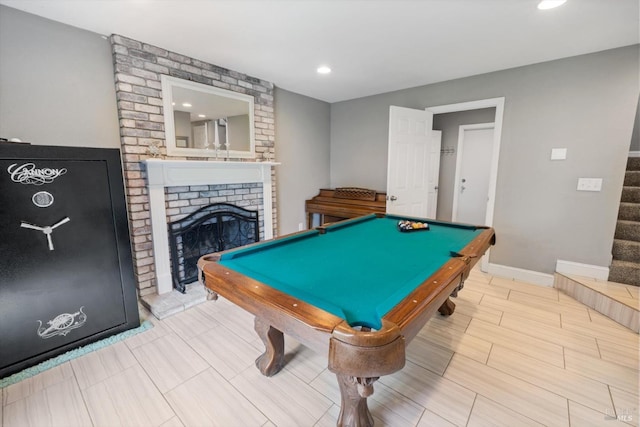 recreation room with recessed lighting, a fireplace, billiards, and baseboards