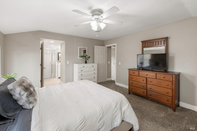 bedroom featuring ceiling fan, carpet floors, and baseboards