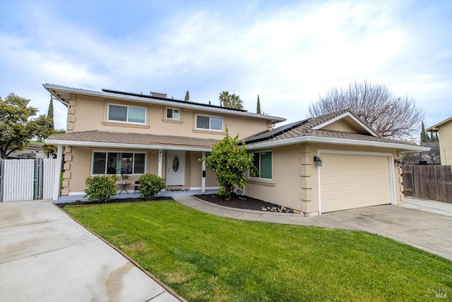 traditional-style house with a porch, a garage, fence, stucco siding, and a front lawn