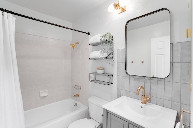 full bathroom featuring decorative backsplash, toilet, shower / bath combo with shower curtain, vanity, and tile walls