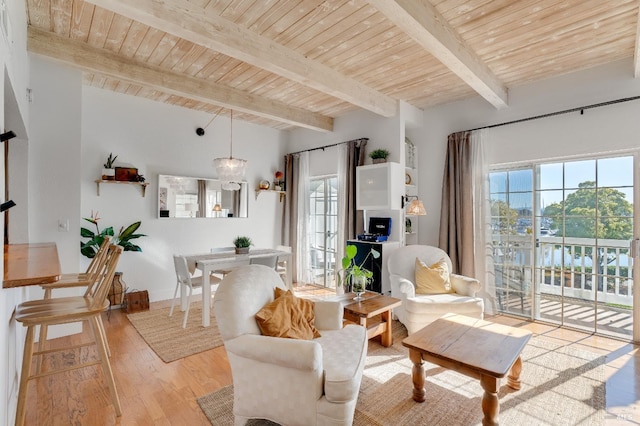 living area with wooden ceiling, beamed ceiling, baseboards, and wood finished floors