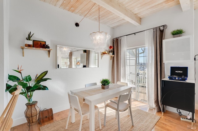 dining area with light wood-type flooring, an inviting chandelier, wood ceiling, and beam ceiling