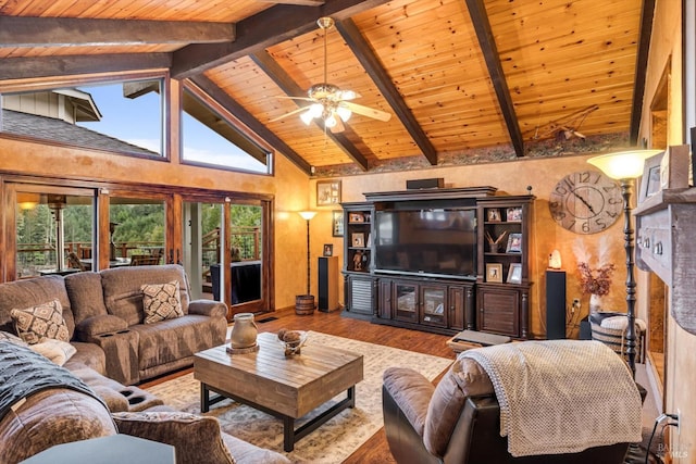 living room with a ceiling fan, wood ceiling, wood finished floors, high vaulted ceiling, and beamed ceiling