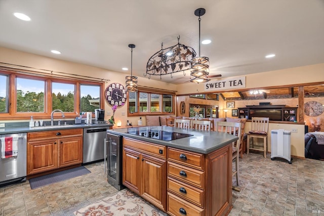 kitchen with wine cooler, dishwasher, a sink, and black electric cooktop