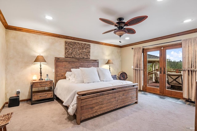 carpeted bedroom with baseboards, french doors, ornamental molding, and access to exterior