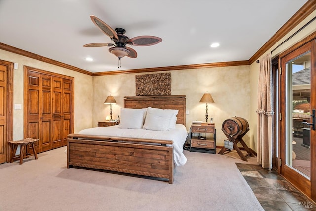 bedroom featuring ornamental molding, recessed lighting, dark carpet, and ceiling fan