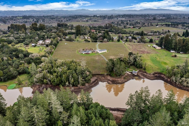 aerial view featuring a water and mountain view