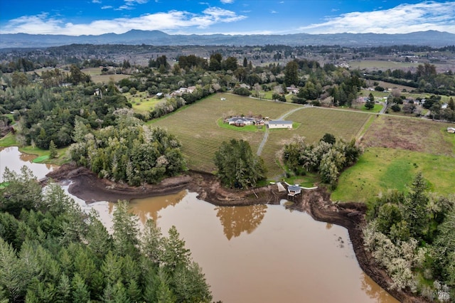 birds eye view of property featuring a water and mountain view and a rural view