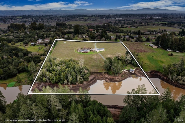 4630 Maddocks Rd, Sebastopol, CA 95472 - aerial overview of property's location featuring a water and mountain view, property parcel outlined, and rural landscape
