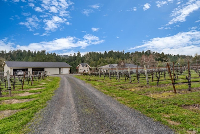 view of street featuring gravel driveway and a rural view