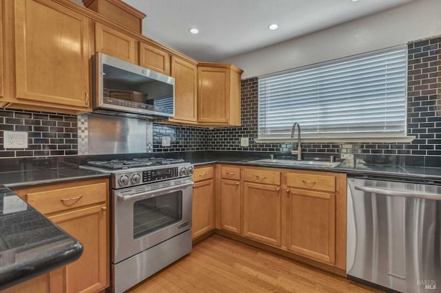 kitchen featuring backsplash, light wood finished floors, appliances with stainless steel finishes, and a sink