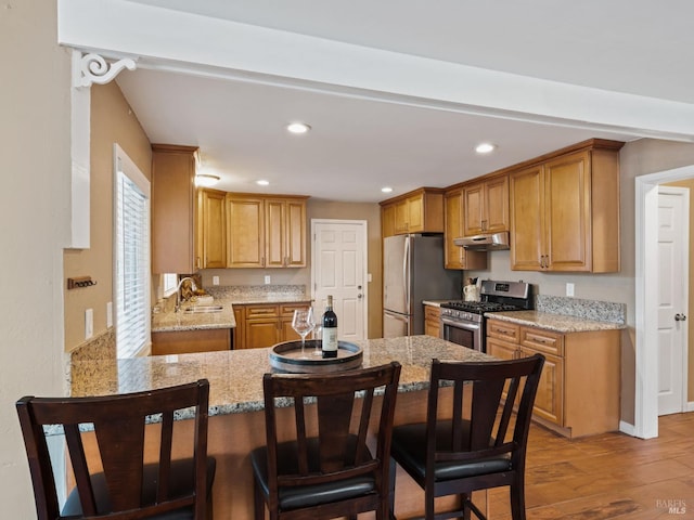 kitchen with light wood-style floors, appliances with stainless steel finishes, a peninsula, under cabinet range hood, and a sink