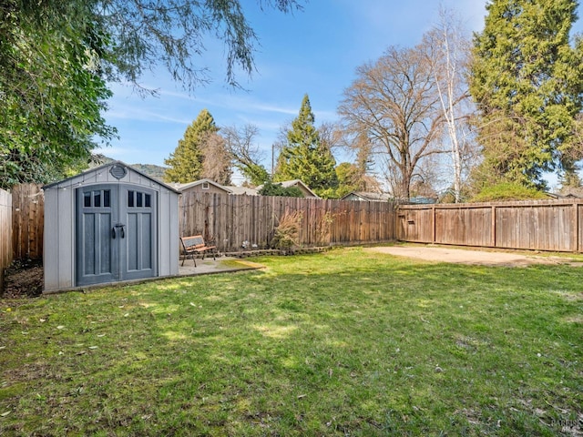 view of yard with a patio area, a shed, an outdoor structure, and a fenced backyard