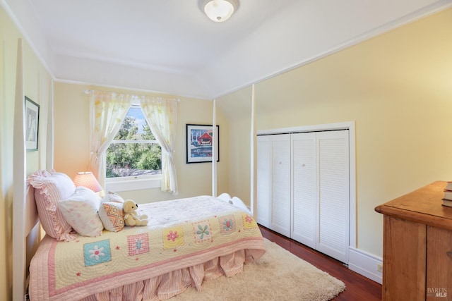 bedroom with a closet and dark wood-type flooring