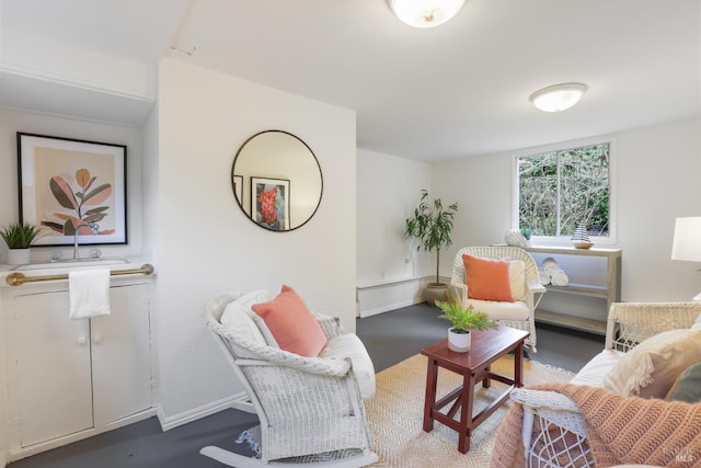 living room with a baseboard radiator and baseboards