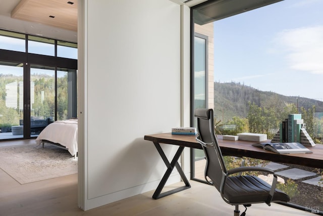 office area featuring a wall of windows and a mountain view