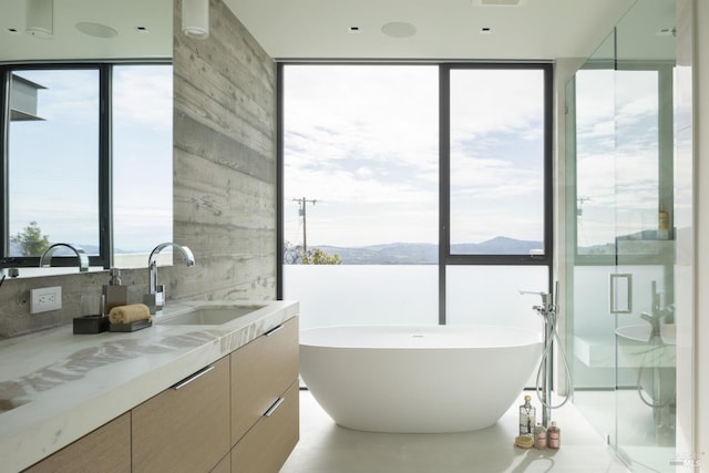 full bathroom with a soaking tub, a mountain view, and vanity