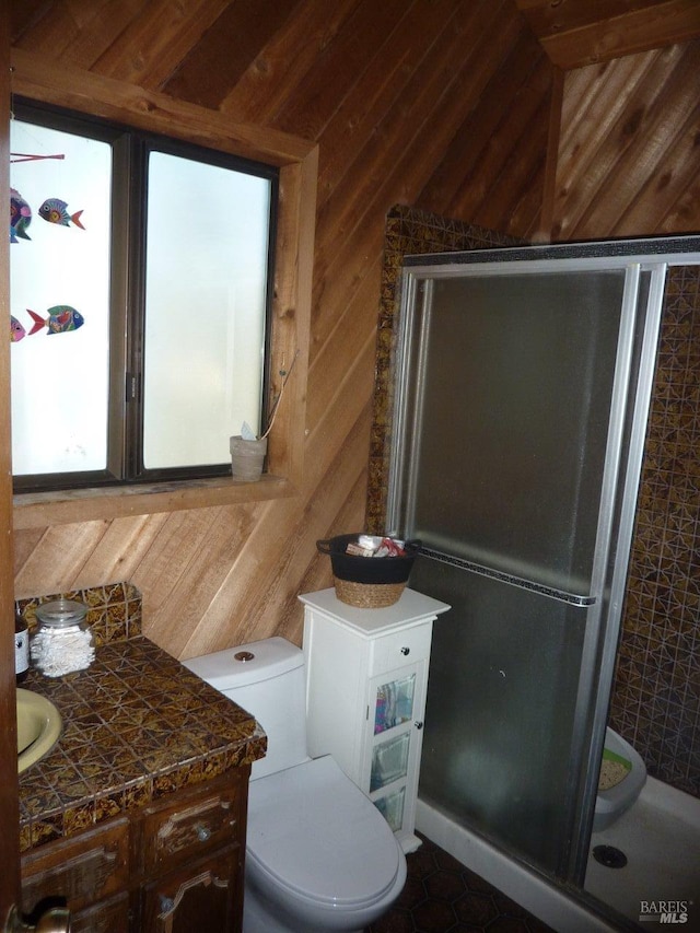 full bathroom featuring toilet, a stall shower, vanity, and wood walls