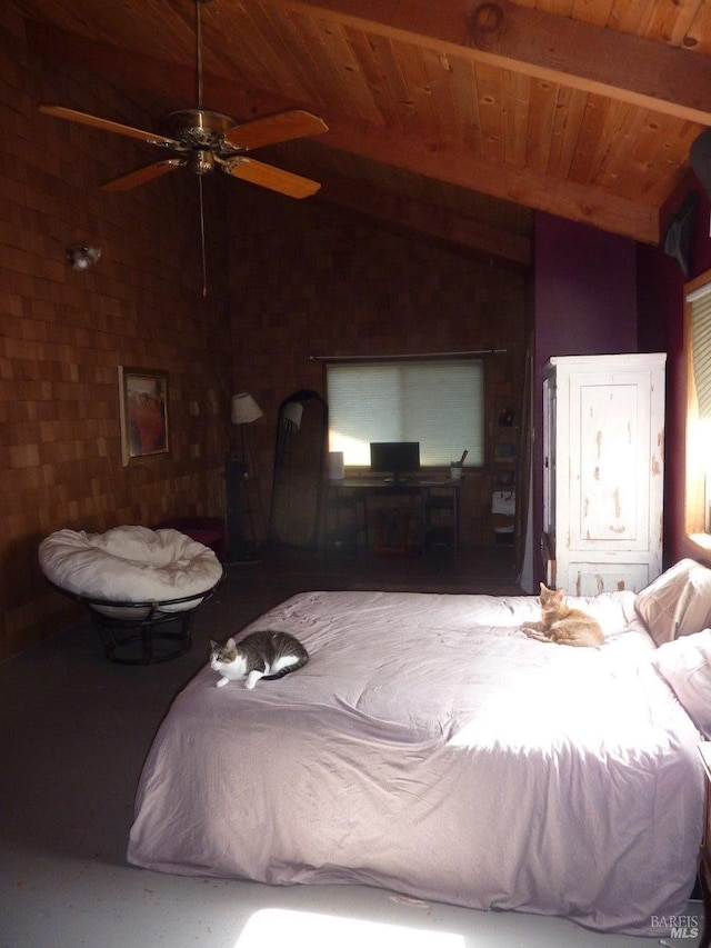 bedroom with lofted ceiling with beams and wooden ceiling