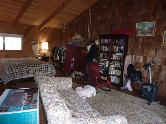 interior space featuring vaulted ceiling with beams, wood walls, and wooden ceiling