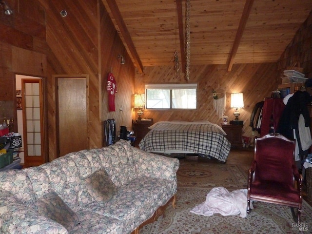 bedroom featuring wood ceiling, wood walls, and lofted ceiling with beams