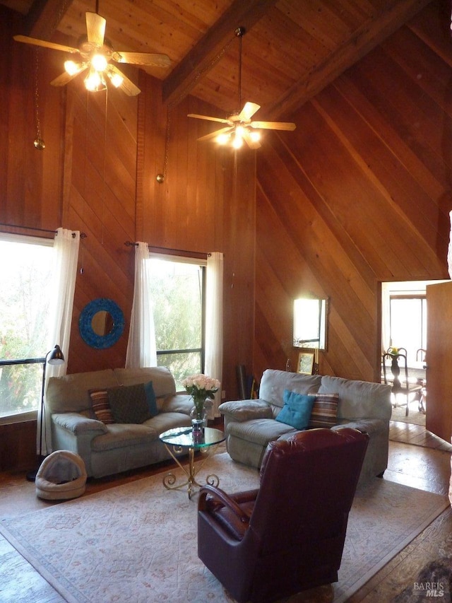 living area featuring beam ceiling, plenty of natural light, and wooden walls