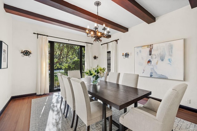 dining area with a chandelier, beamed ceiling, wood finished floors, and baseboards