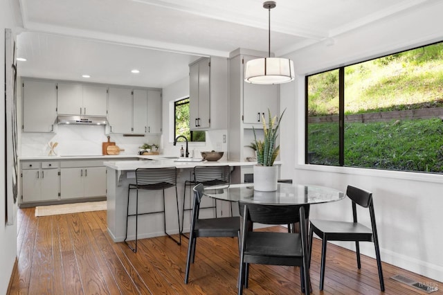 kitchen featuring hardwood / wood-style flooring, under cabinet range hood, a peninsula, visible vents, and light countertops