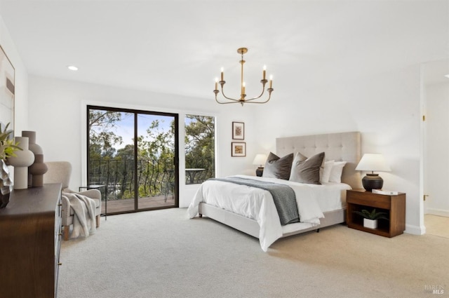 bedroom featuring recessed lighting, an inviting chandelier, light carpet, access to outside, and baseboards