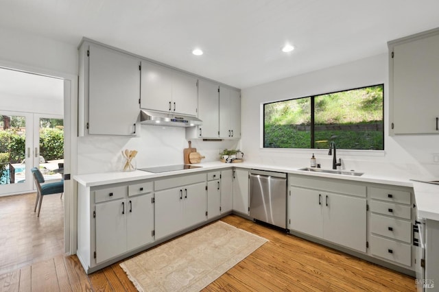 kitchen with black electric stovetop, stainless steel dishwasher, a sink, light wood-type flooring, and under cabinet range hood