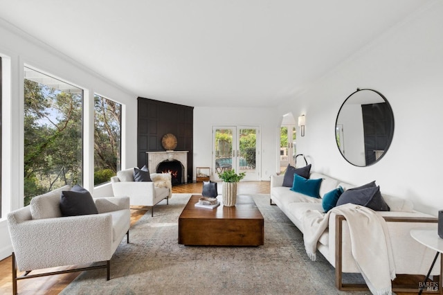 living area featuring a fireplace and wood finished floors