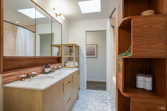 5 Madrone Ave, Woodacre, CA 94973 - bathroom featuring curtained shower, a skylight, and a sink