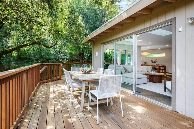 5 Madrone Ave, Woodacre, CA 94973 - wooden deck featuring an outdoor living space and outdoor dining space