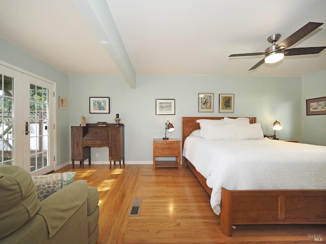 bedroom with visible vents, access to outside, french doors, light wood finished floors, and baseboards