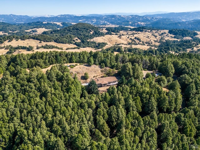 bird's eye view with a forest view and a mountain view