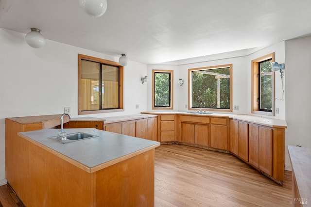 kitchen with light countertops, a sink, and light wood-style flooring