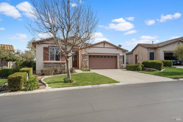 view of front of house featuring an attached garage, stone siding, concrete driveway, stucco siding, and a front lawn