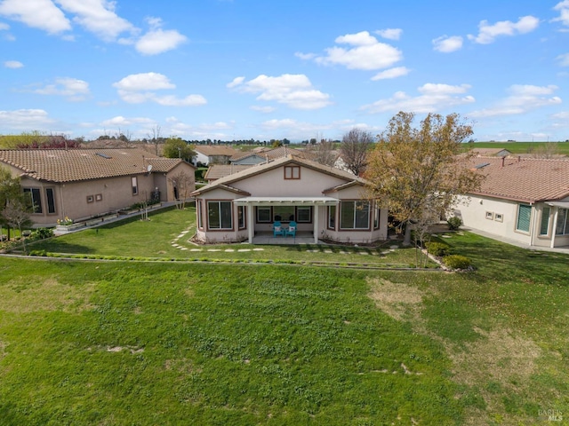 rear view of house featuring a patio area, a lawn, and stucco siding
