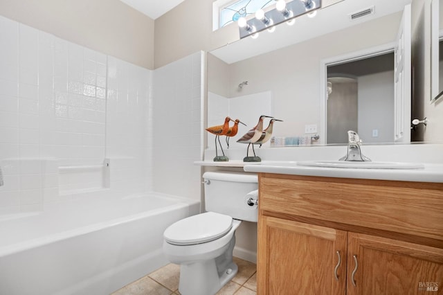 full bath with bathtub / shower combination, visible vents, toilet, vanity, and tile patterned flooring