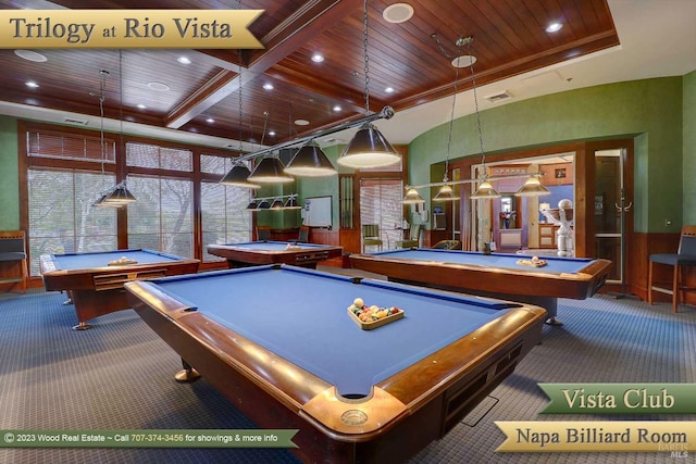 recreation room with carpet floors, coffered ceiling, wood ceiling, and recessed lighting