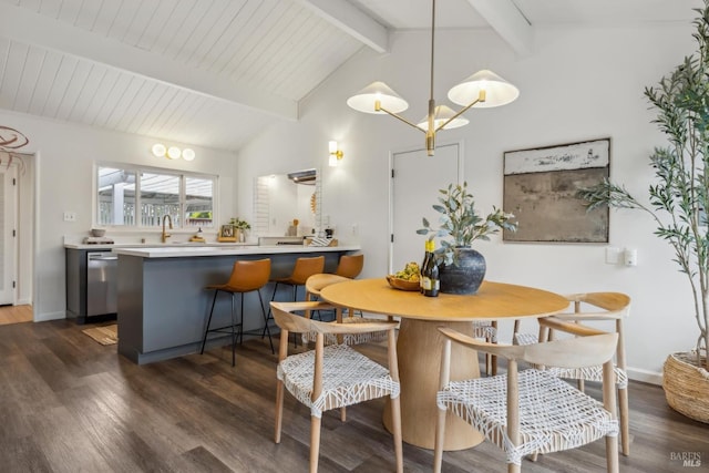 dining space featuring dark wood finished floors, lofted ceiling with beams, and baseboards