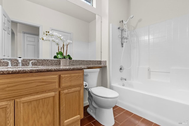 full bath with toilet, wood tiled floor, shower / washtub combination, and vanity