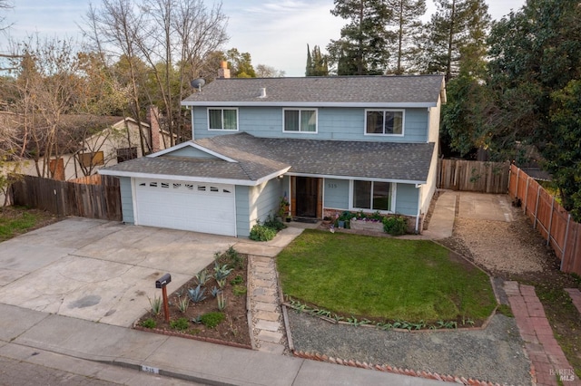 traditional-style home featuring an attached garage, fence, concrete driveway, a front lawn, and a chimney