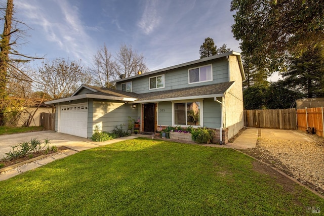 traditional-style home featuring a shingled roof, concrete driveway, fence, a garage, and a front lawn