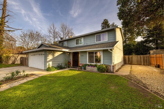 traditional-style house featuring a garage, a shingled roof, fence, driveway, and a front lawn