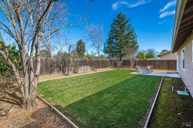 view of yard with a fenced backyard and a patio