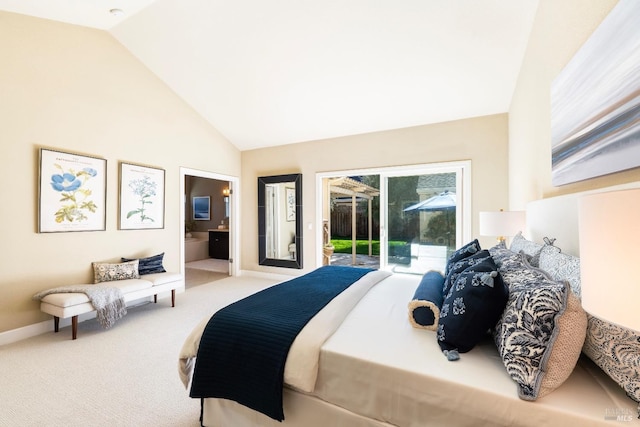 carpeted bedroom with ensuite bath, access to outside, high vaulted ceiling, and baseboards