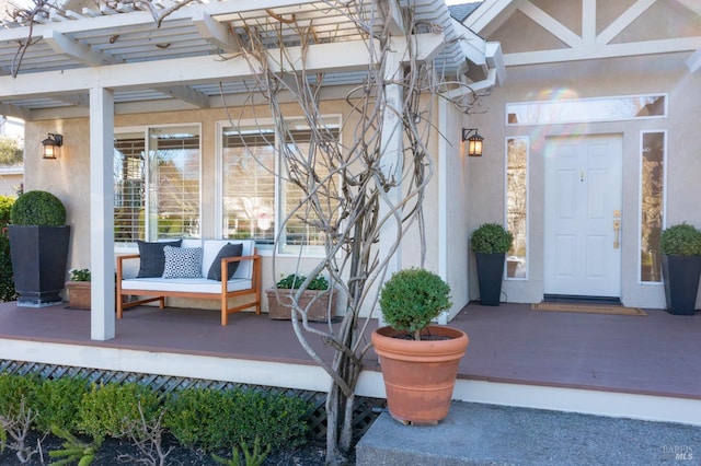 entrance to property featuring a pergola and stucco siding